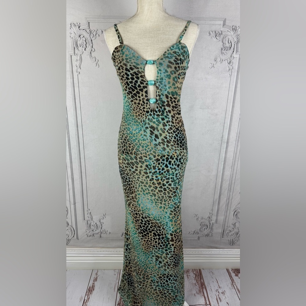 Leopard Print Maxi Dress Mesh Cut Out Embellished Sweetheart Neckline - Picture 2 of 9